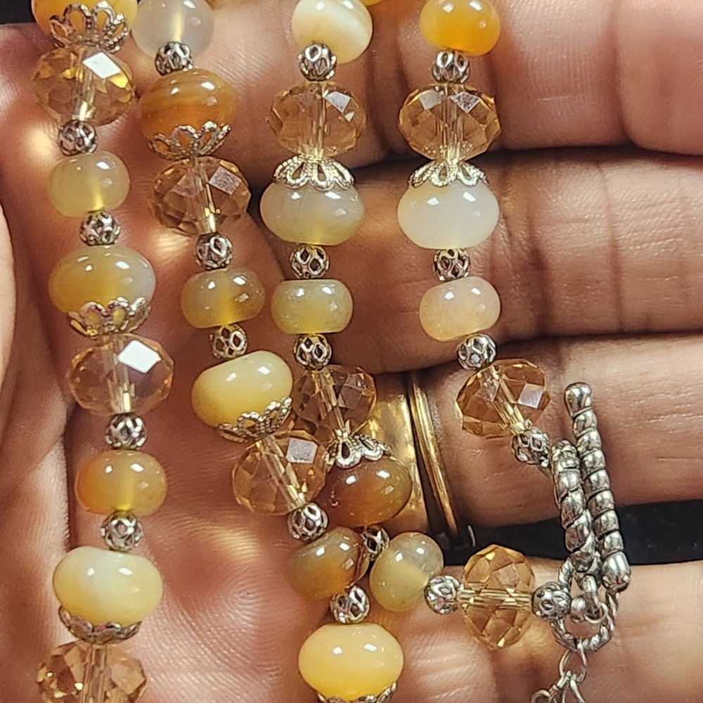 Amber Honey Stone Beaded Necklace Silver Tone Filigree Accents Toggle Clasp